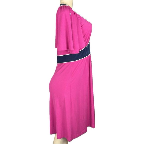 Vicky Tiel M Pink-Navy Colorblock V-Neck Zip Short Split Sleeve Below Knee Dress - Picture 5 of 6